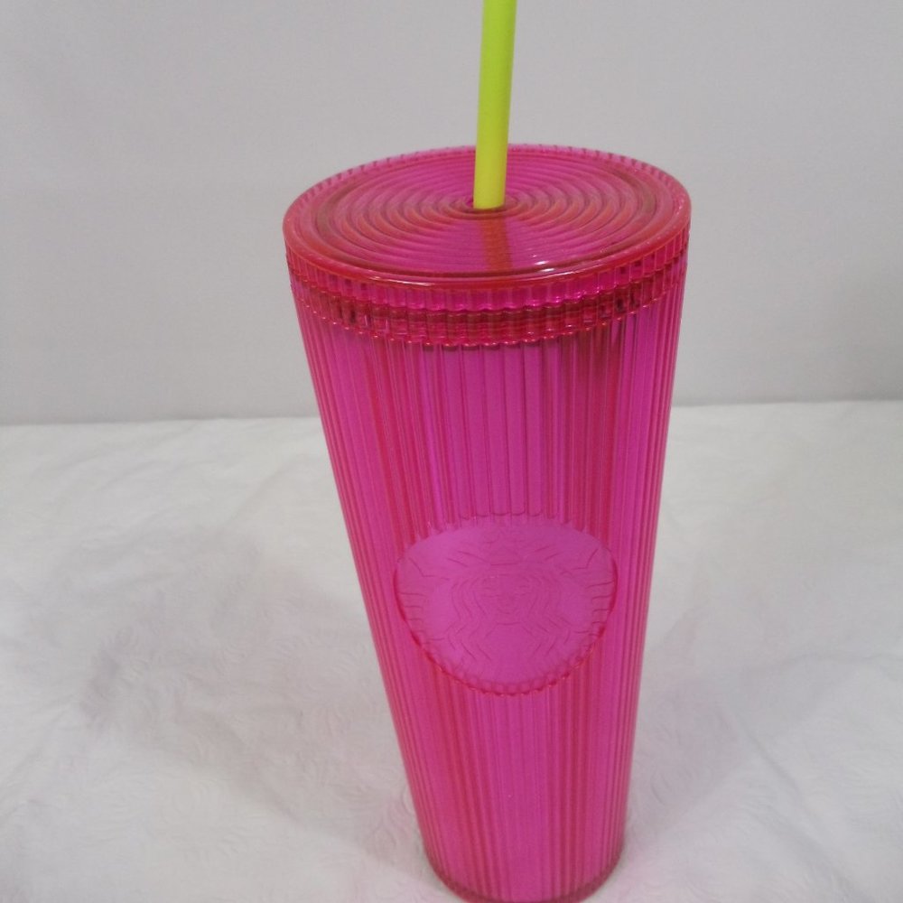 Starbucks Iridescent Magenta pink 24 oz neon ribbed cup tumbler yellow straw NEW